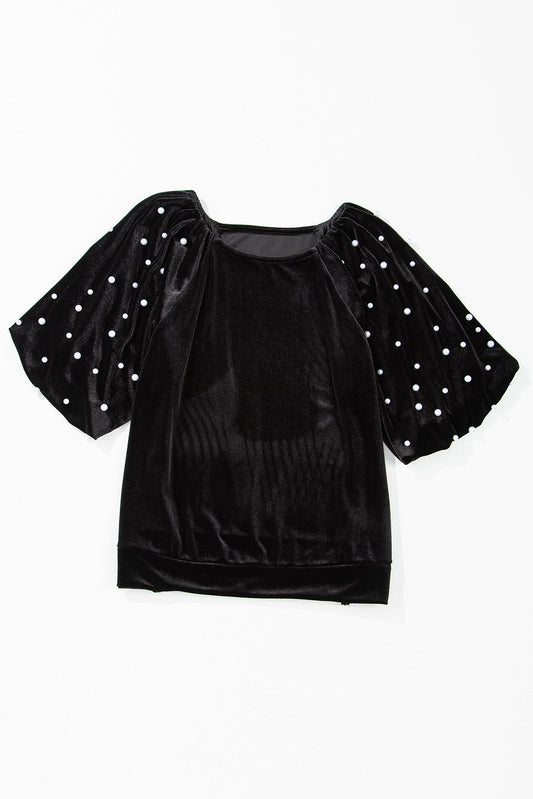Velvet Pearl Beaded Puff Sleeve Top