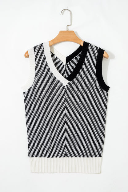 Chevron Contrast V-Neck Sleeveless Sweater Top