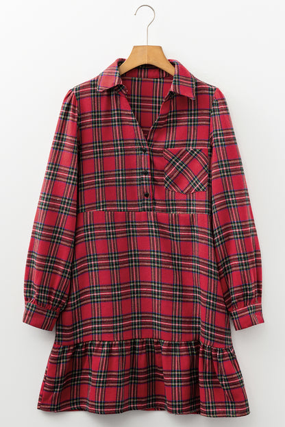 Plaid Ruffle Hem Collared Half-Button Mini Dress