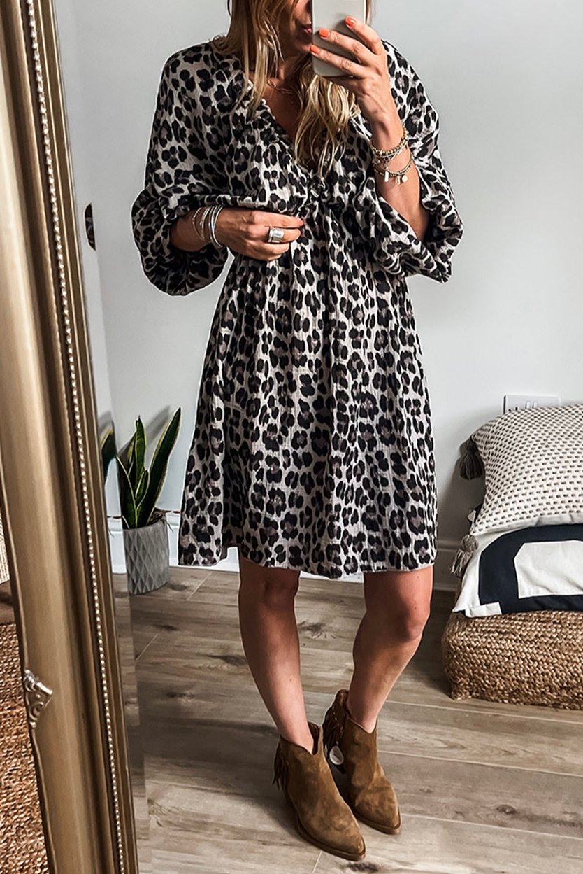 Leopard 3/4 Sleeve V-Neck Dress