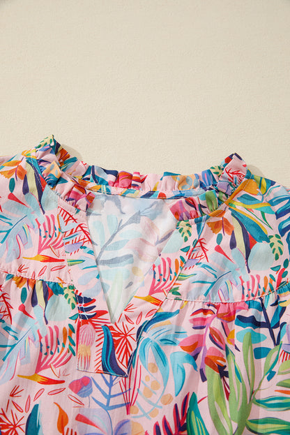 Floral Frilled Notch Neck Ruffle Sleeve Blouse