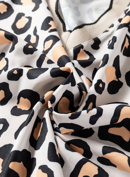 Leopard Contrast Scallop V-Neck Long Sleeve Blouse
