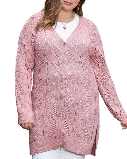 Pointelle Knit Buttoned Cardigan Plus Size