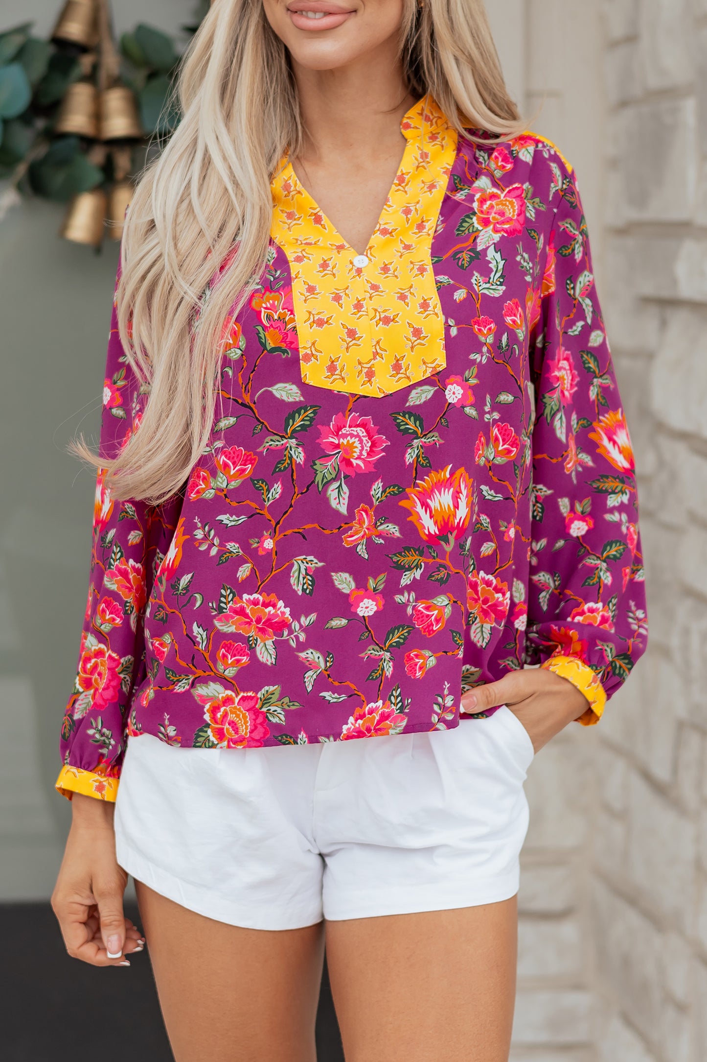 Floral Patchwork Split V-Neck Blouse