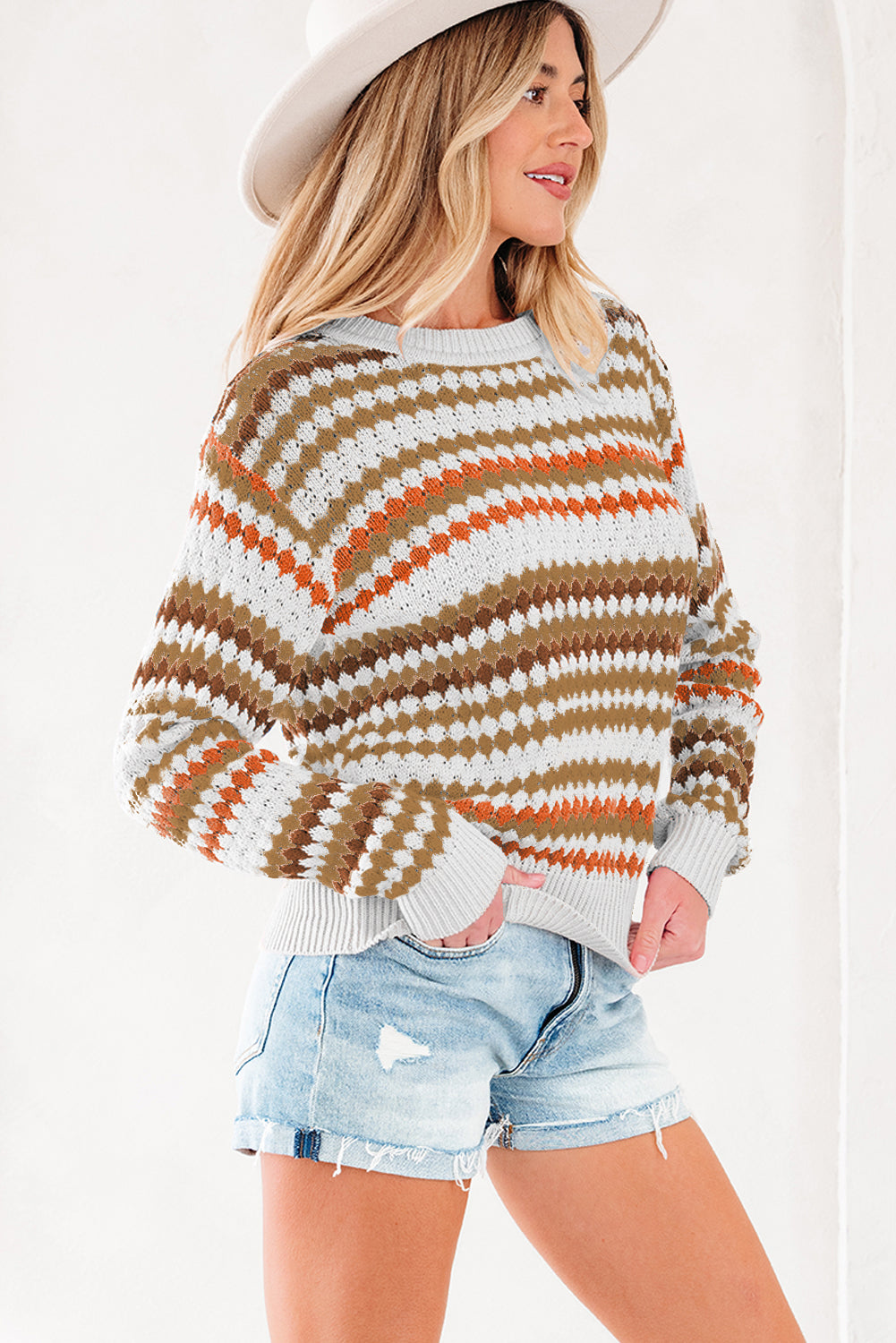 Stripe Eyelet Knit Drop Shoulder Sweater