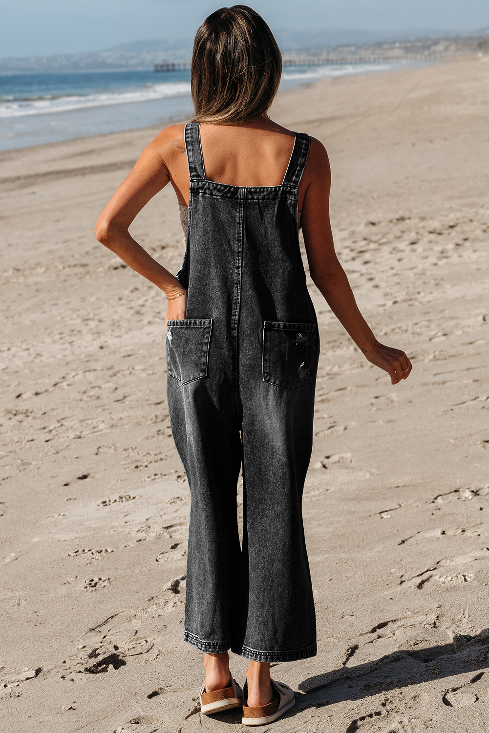 Solid Denim Distressed Bib Pocket Wide Leg Overall