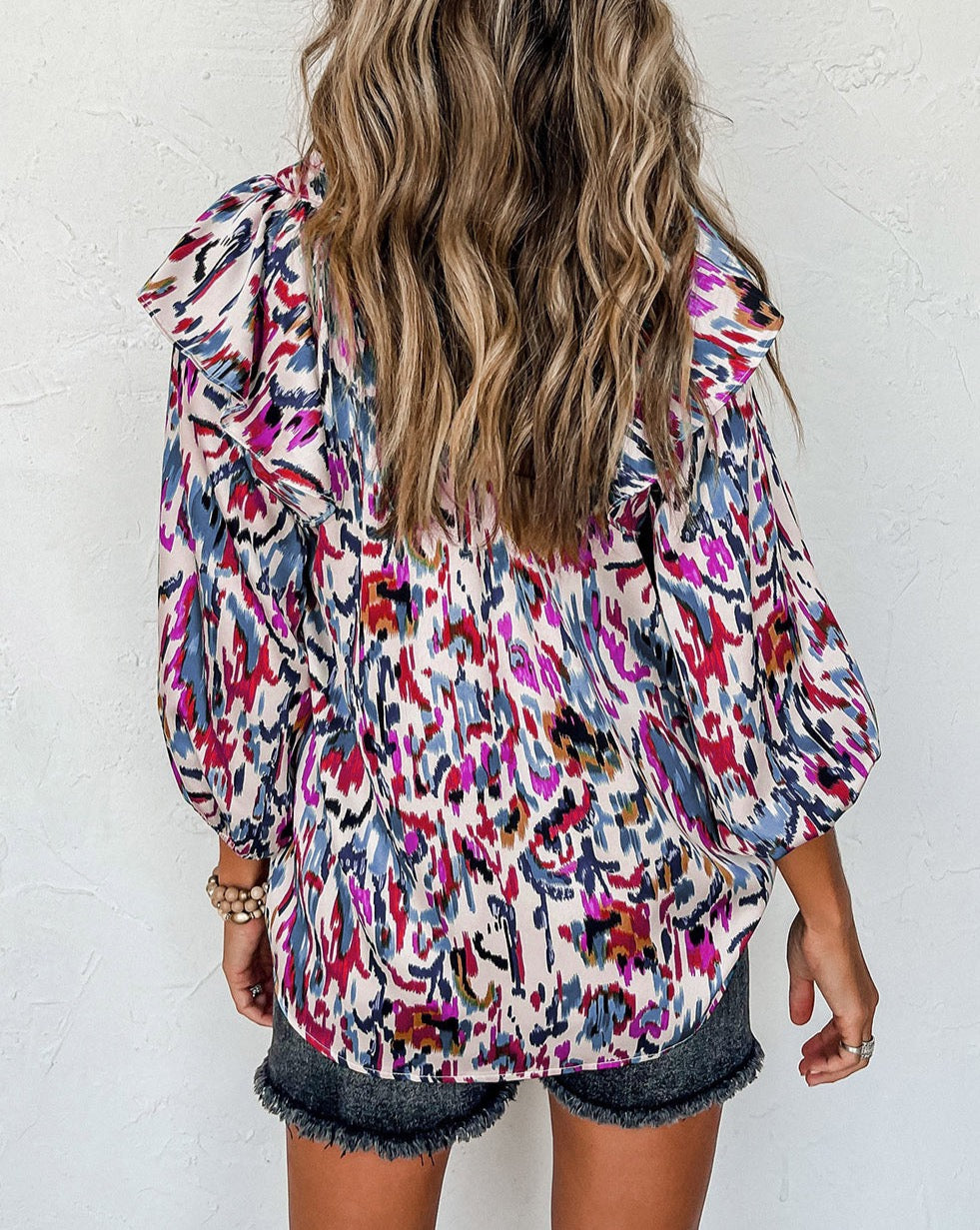 Abstract Ruffle 3/4 Puff Sleeve Blouse