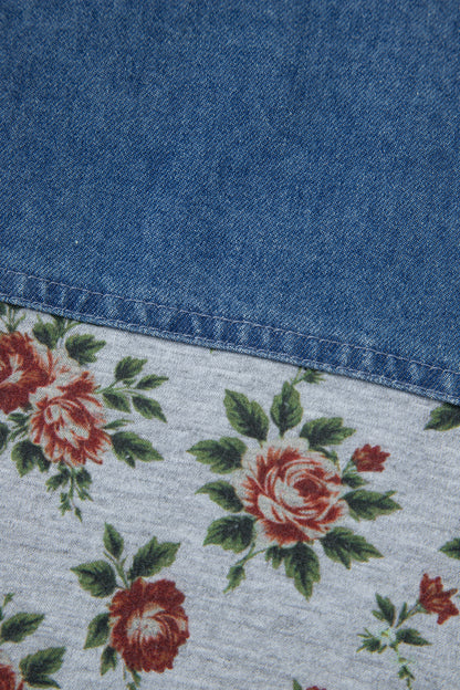 Plus Size Floral Denim Patchwork Polo Tee
