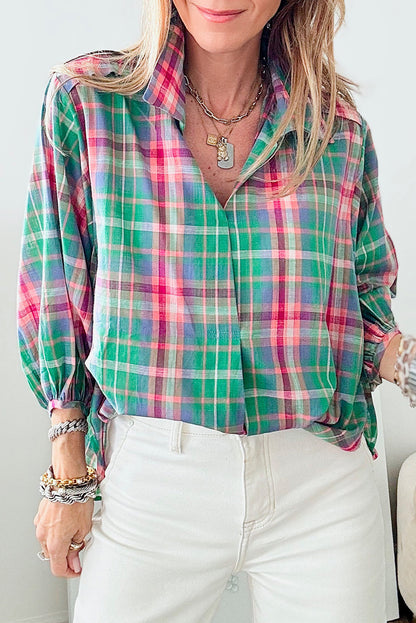 Plaid 3/4 Sleeve Collared Shirt