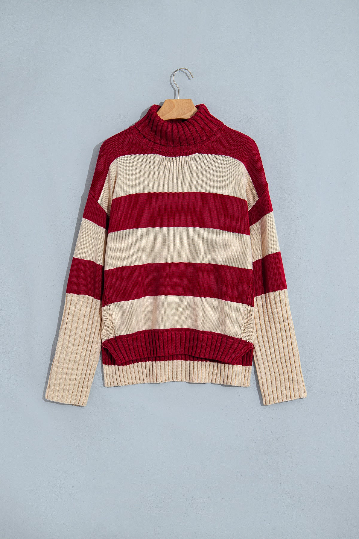 Stripe Ribbed Trim Turtleneck Drop Shoulder Sweater