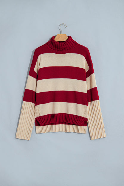 Stripe Ribbed Trim Turtleneck Drop Shoulder Sweater