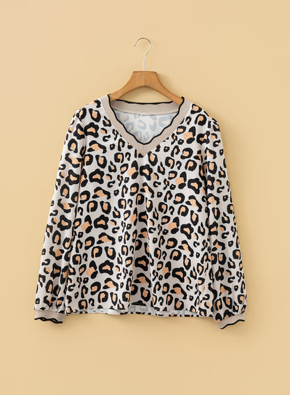 Leopard Contrast Scallop V-Neck Long Sleeve Blouse