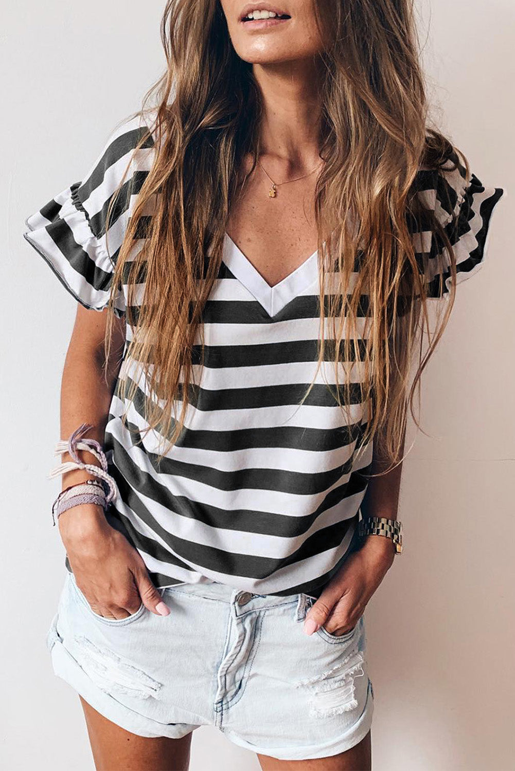 Stripe Ruffle Sleeve V-Neck Top