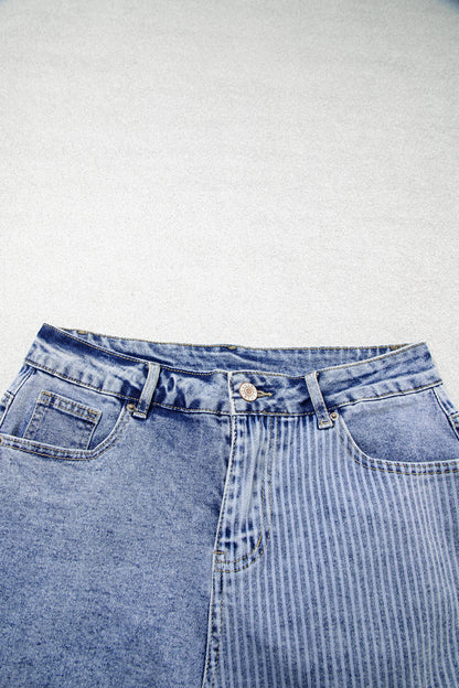 Stripe Denim Paisley Patchwork Raw Hem Shorts
