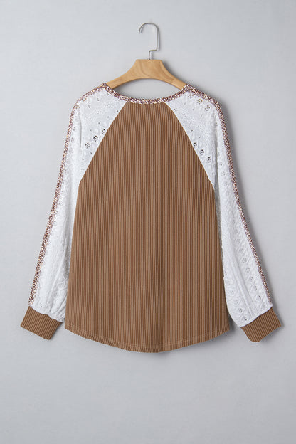 Leopard Corded Lace Patchwork Long Sleeve Top