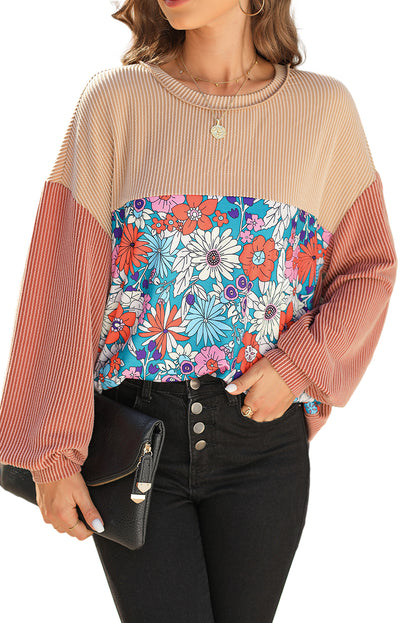 Floral Colorblock Ribbed Top