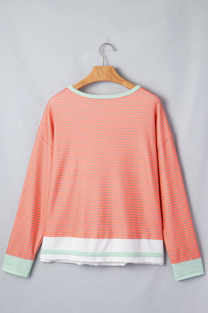 Stripe Colorblock Raw Seam Long Sleeve Top