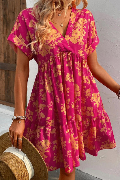 Floral Ruffle Batwing Sleeve Dress