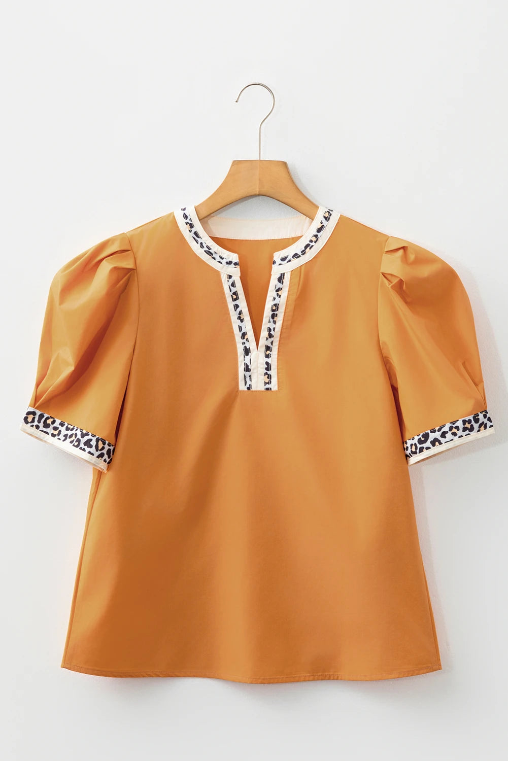 Leopard Contrast Trim Split Neck Puff Sleeve Blouse