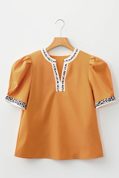 Leopard Contrast Trim Split Neck Puff Sleeve Blouse