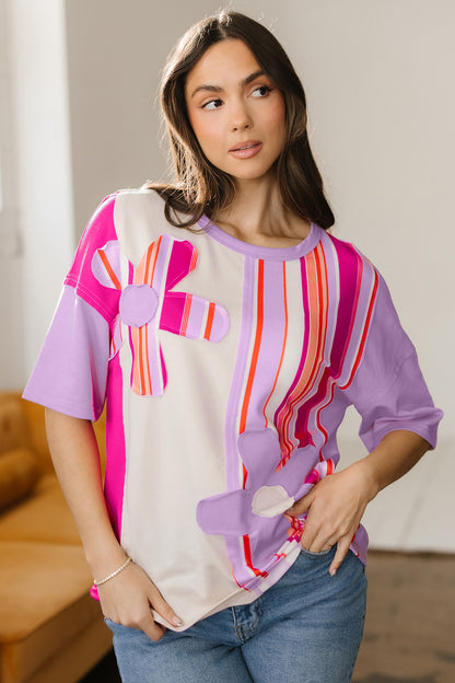 Flower Patch Stripe Colorblock Short Sleeve Top