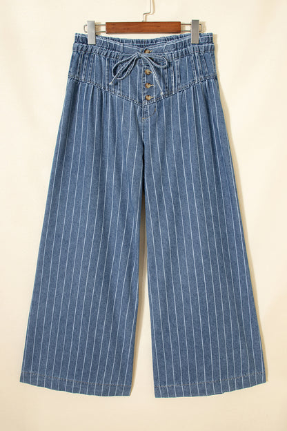 Plus Size Stripe Denim Buttoned Wide Leg Pants