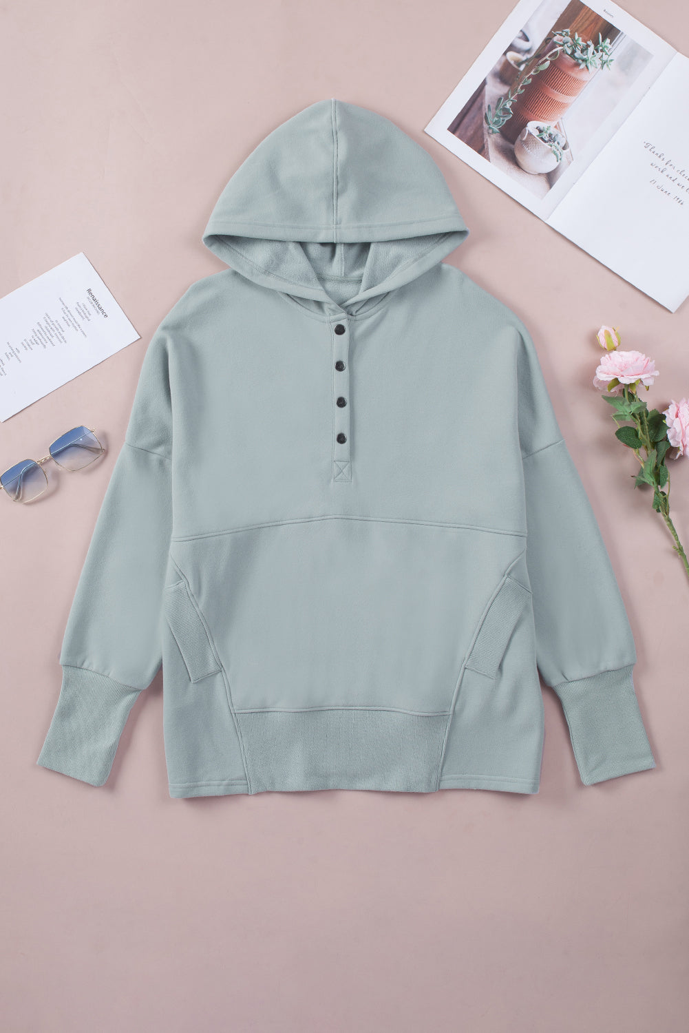 Buttoned Henley Kangaroo Pocket Hoodie