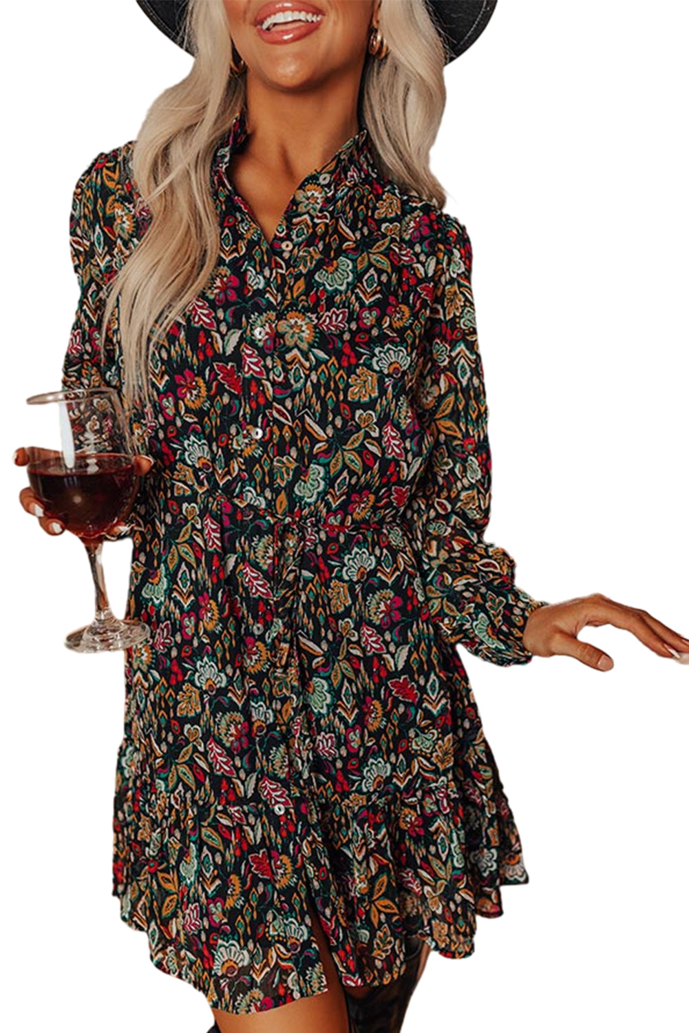 Floral Tie Waist Shirt Dress