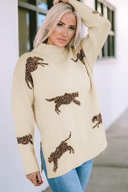 Cheetah Mock Neck Split Hem Sweater