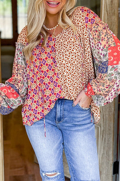 Plus Size Floral Geometric Patchwork Blouse