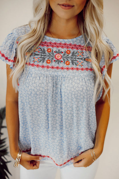 Floral Embroidered Flutter Sleeve Blouse