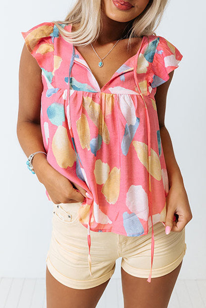 Abstract Ruffle Cap Sleeve Top