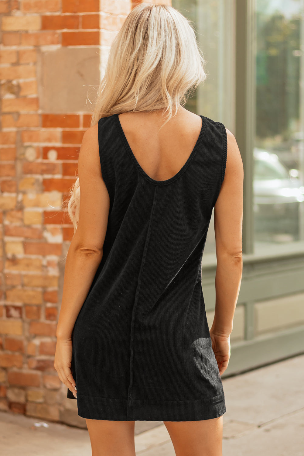 Solid Corduroy Sleeveless Pocketed Mini Dress