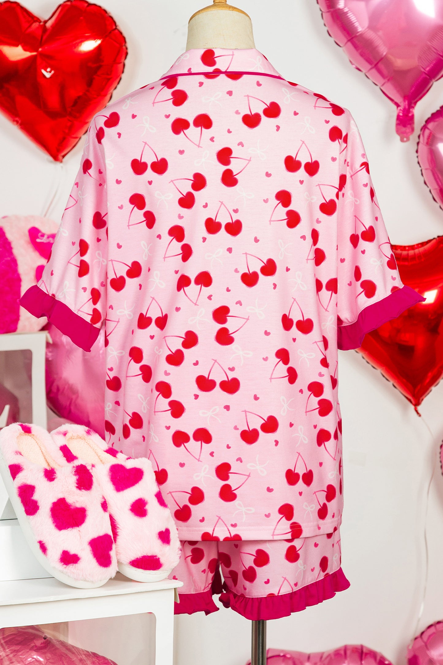 Cherry Bow Tie Top and Shorts Pajama Set