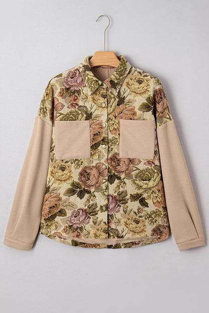 Floral Waffle Knit Patchwork Chest Pocket Buttoned Jacket