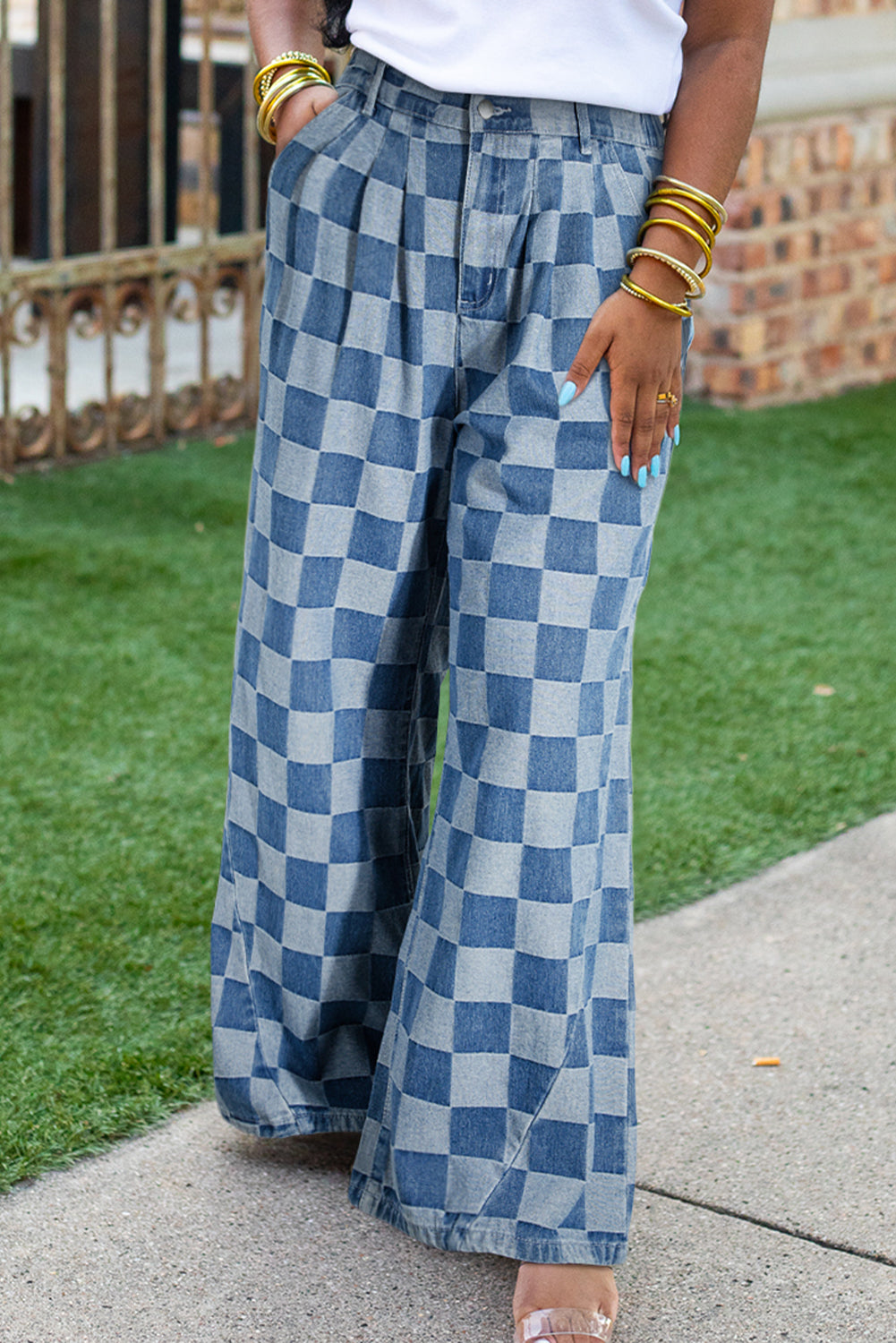 Plus Size Checker Wide Leg Jeans