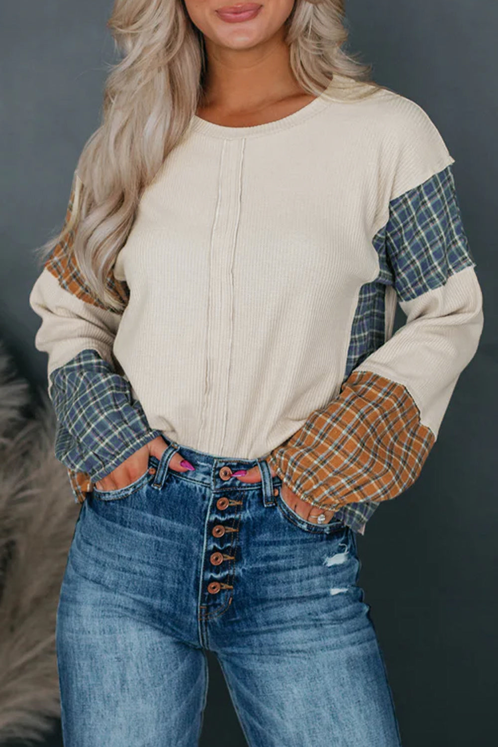 Plaid Colorblock Raw Seam Top