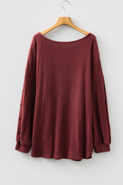 Plus Size Ribbed Button Decor Long Sleeve Top