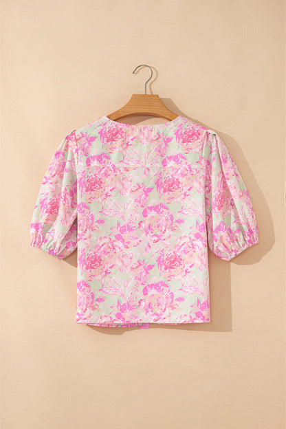Floral Ribbon Tie Front Puff Sleeve Blouse