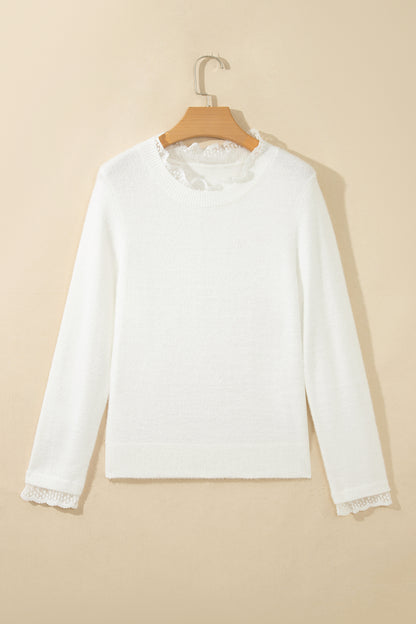 Solid Lace Trim Crewneck Long Sleeve Sweater