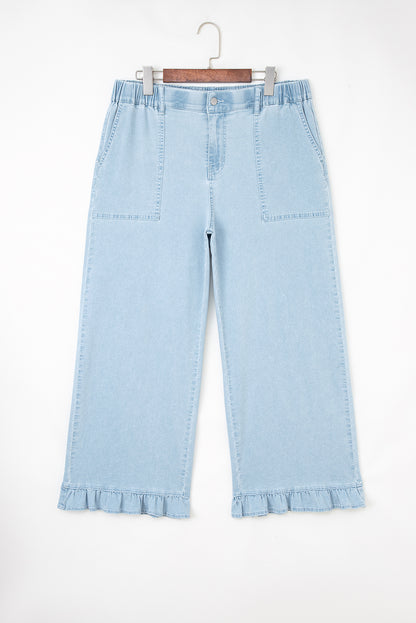 Plus Size Denim Elastic Waist Ruffle Wide Leg Pants