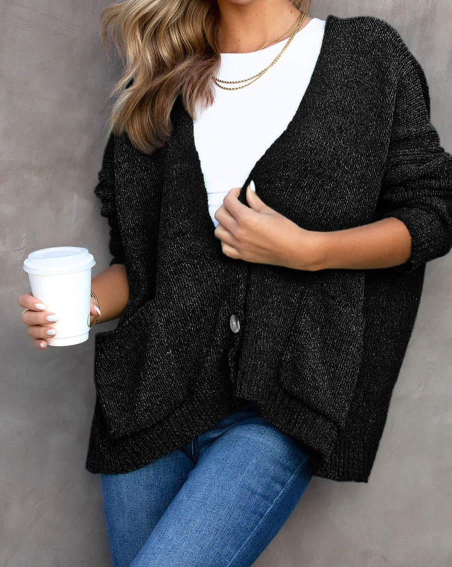 Button Front Pocketed Sweater Cardigan