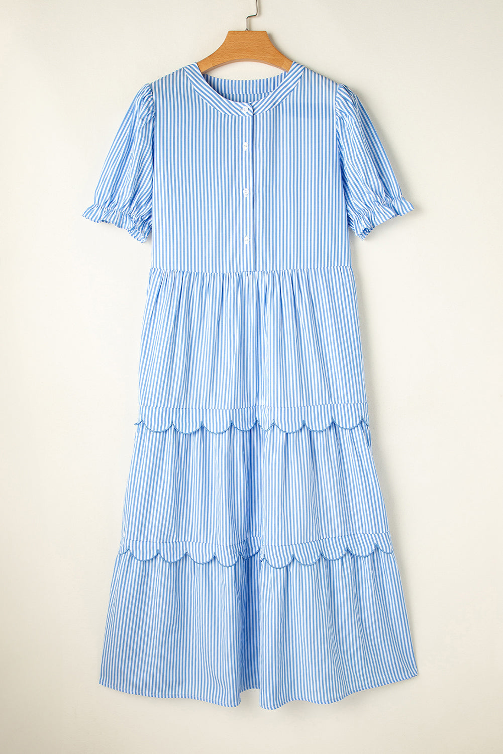 Stripe Bubble Short Sleeve Tiered Scallop Dress