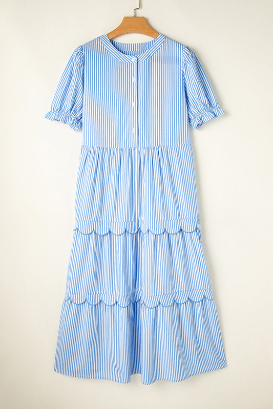 Stripe Bubble Short Sleeve Tiered Scallop Dress