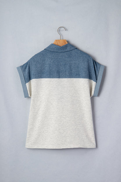 Colorblock Denim Patchwork Buttoned Polo Top