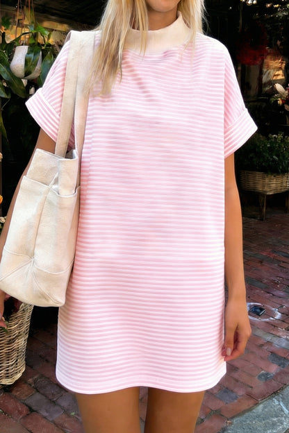 Stripe Mock Neck Cuffed Sleeve Tee Dress