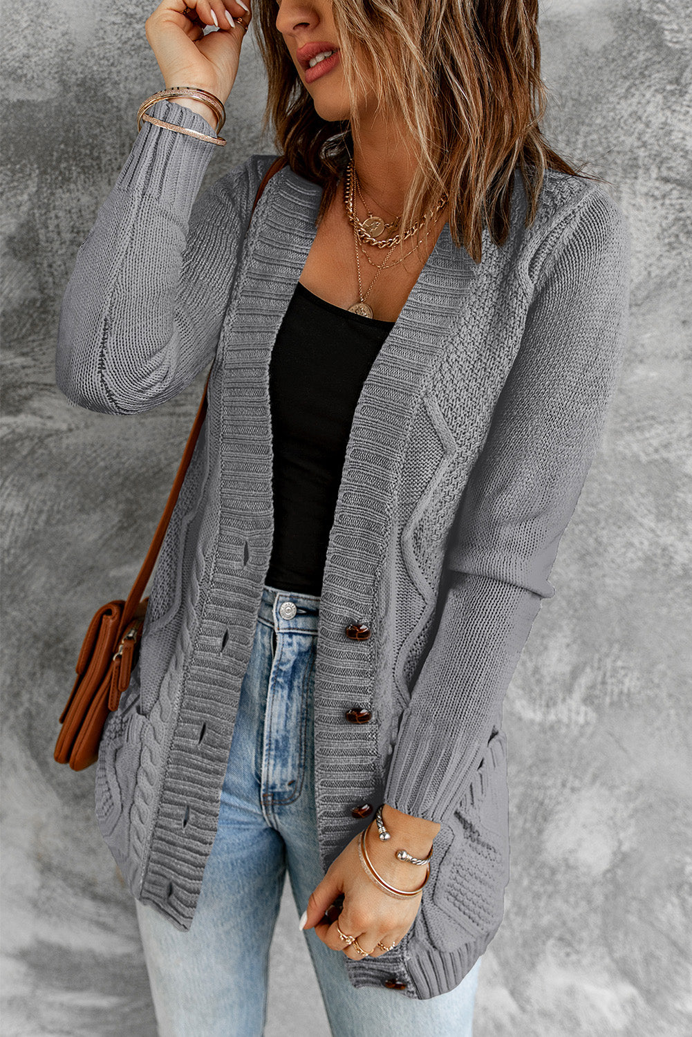 Cable Button Front Pocketed Cardigan