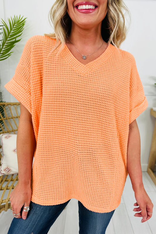 Solid Waffle Knit V-Neck Short Sleeve Top