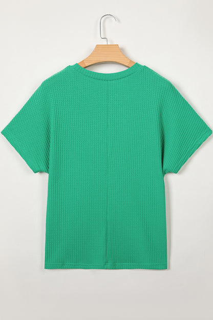 Solid Waffle Knit Dolman Short Sleeve Loose Top