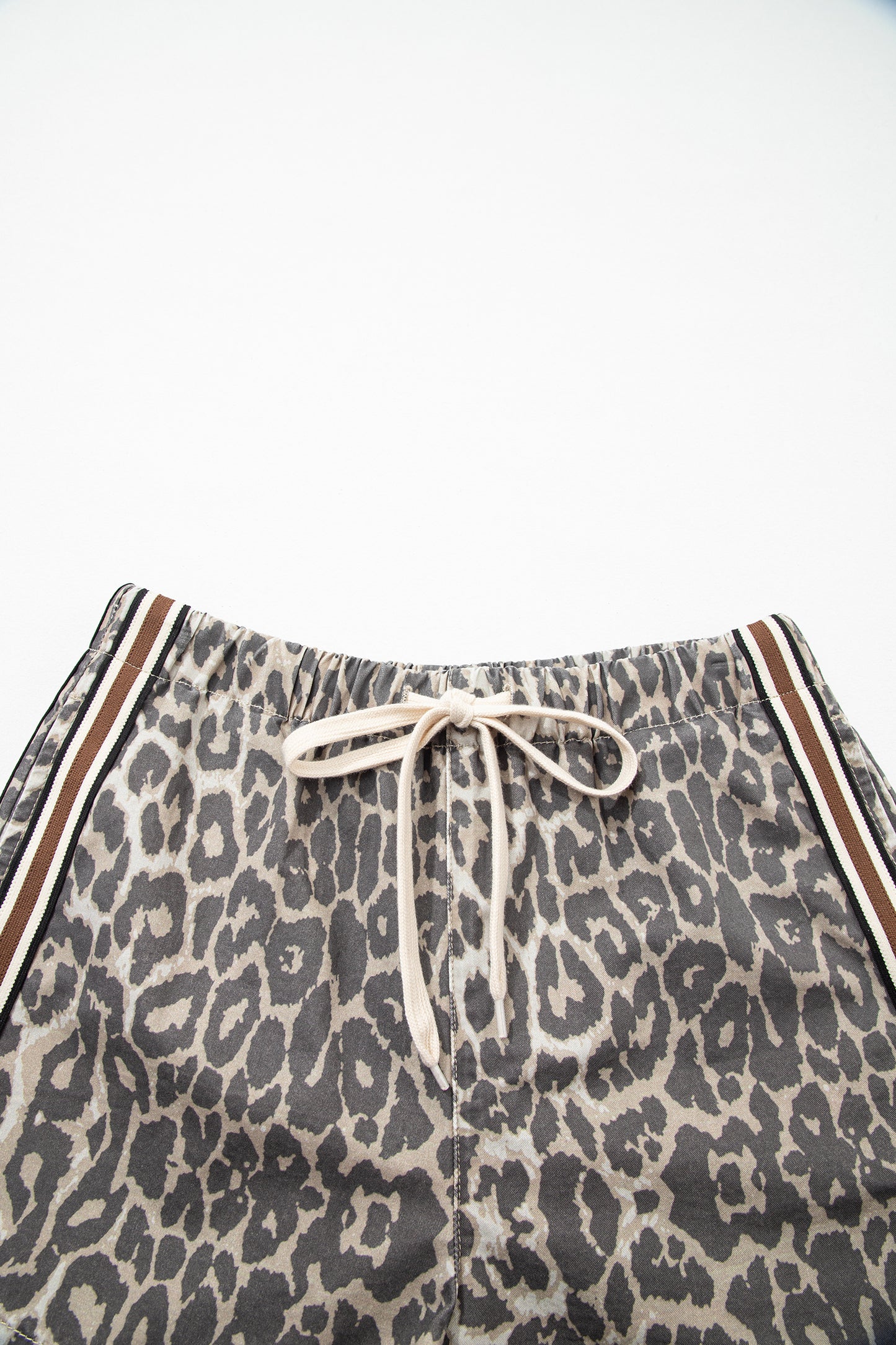 Leopard Stripe Detail Drawstring Denim Shorts